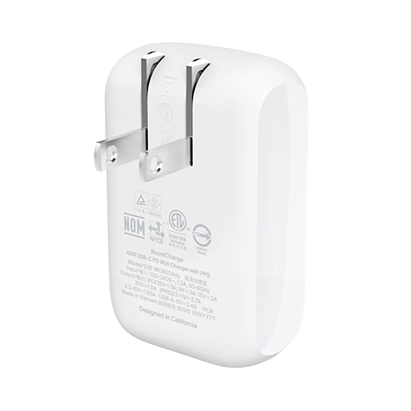 Belkin BoostCharge 42W Dual USB-A + USB-C Wall Charger with PPS and PD White