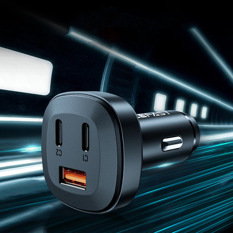 Acefast B3 66W(USB-C+USB-C+USB-A) three-port metal car charger black