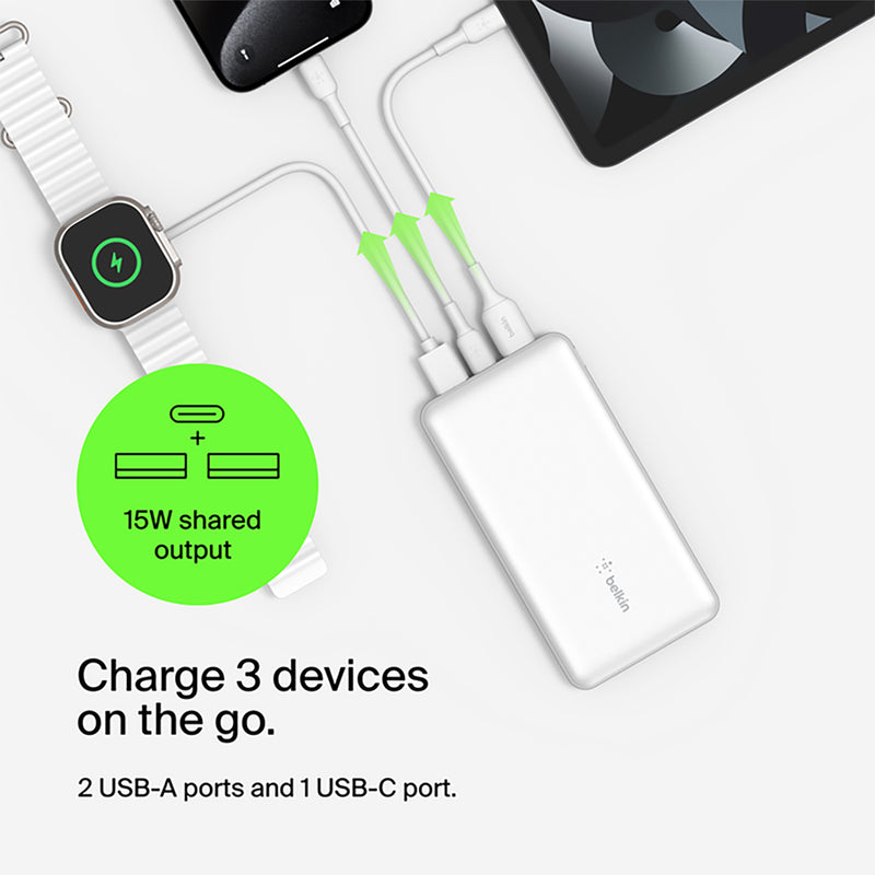 Belkin BoostCharge 10K Power Bank 15W 3 Port Charge + USB-A-C Connector Pearl White