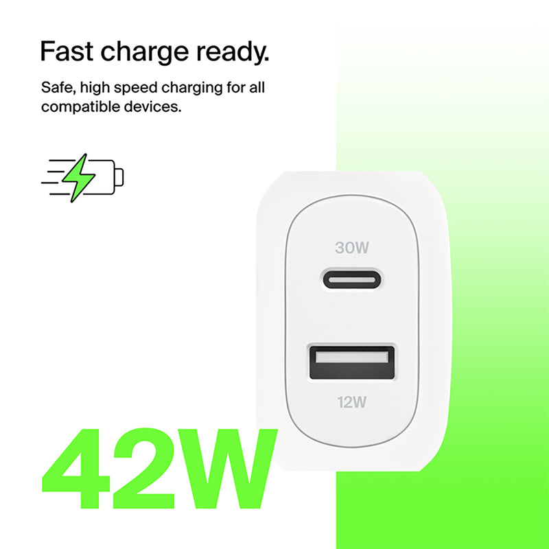 Belkin BoostCharge 42W Dual USB-A + USB-C Wall Charger with PPS and PD White