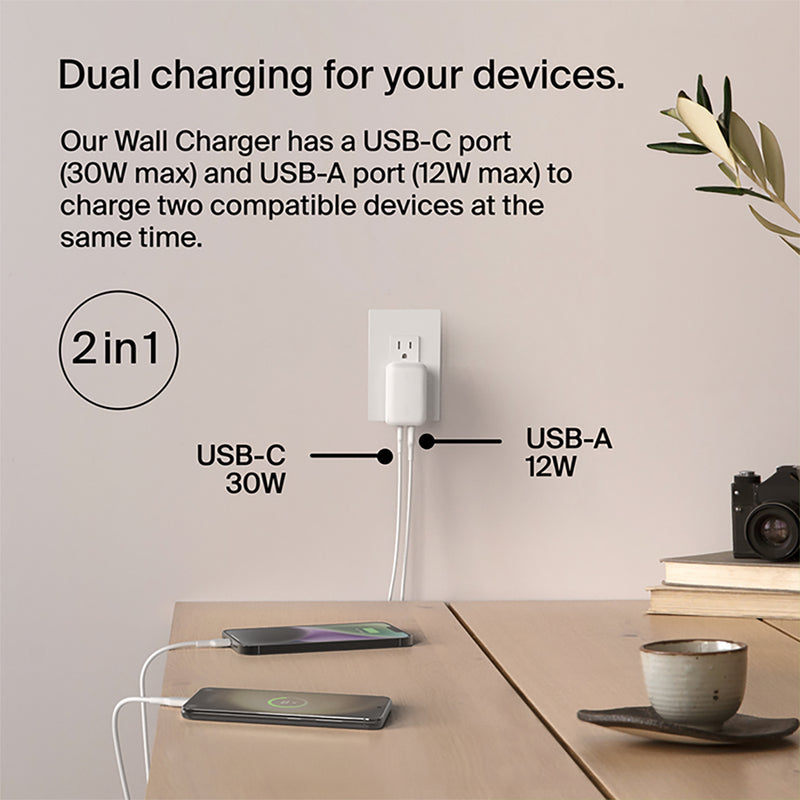 Belkin BoostCharge 42W Dual USB-A + USB-C Wall Charger with PPS and PD White