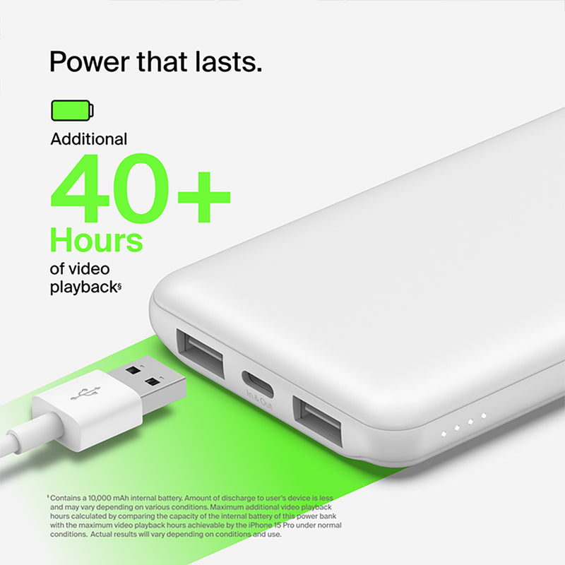 Belkin BoostCharge 10K Power Bank 15W 3 Port Charge + USB-A-C Connector Pearl White