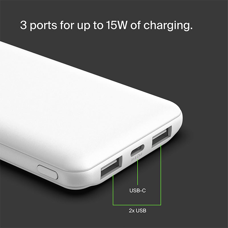 Belkin BoostCharge 10K Power Bank 15W 3 Port Charge + USB-A-C Connector Pearl White